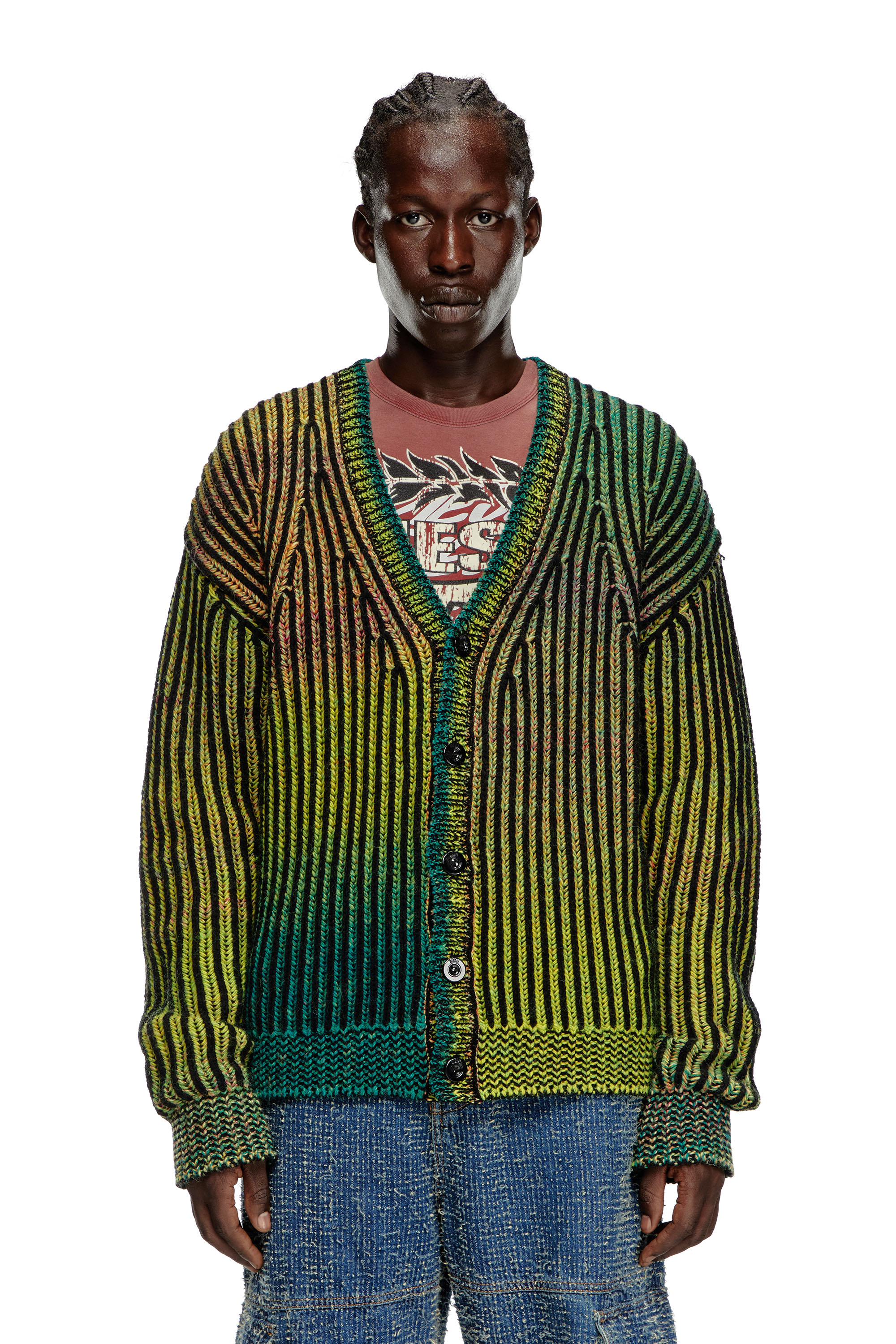 Diesel - K-OAKLAND-CR, Man's Striped ribbed cardigan in wool blend in Green - 1