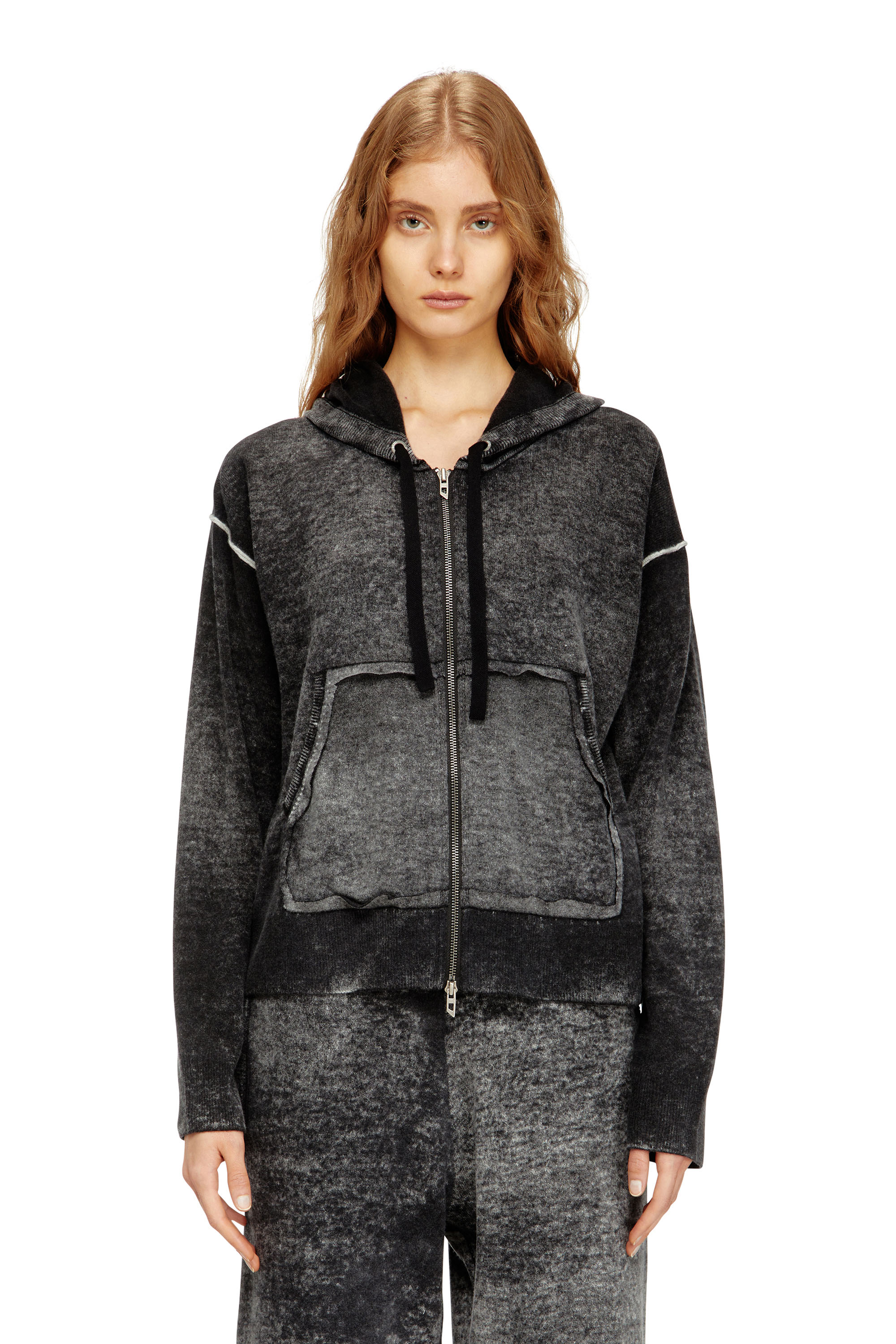 Diesel - M-HERMINE, Woman's Reverse-print hooded cardigan in wool in null - 1