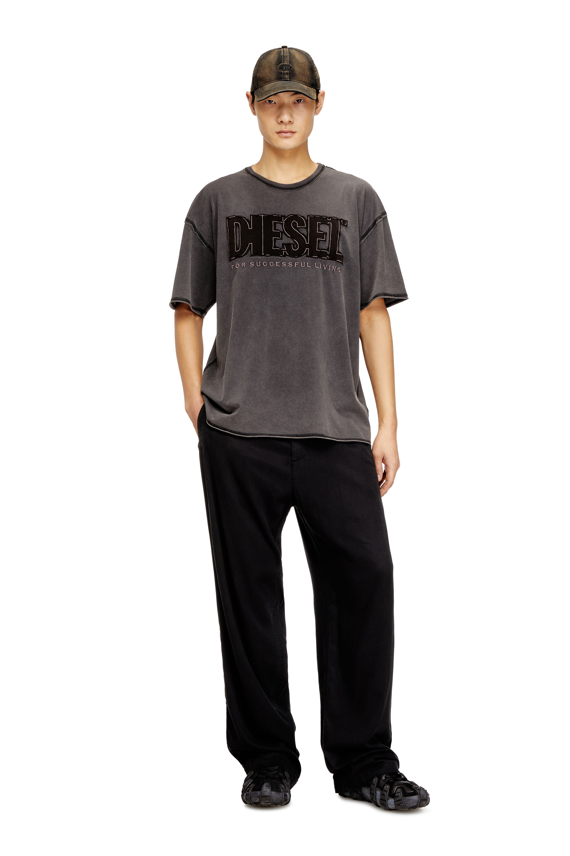 Diesel - T-RAWBOXT, Man's T-shirt with appliqu&eacute; logo and raw edge in Black/Grey - 2