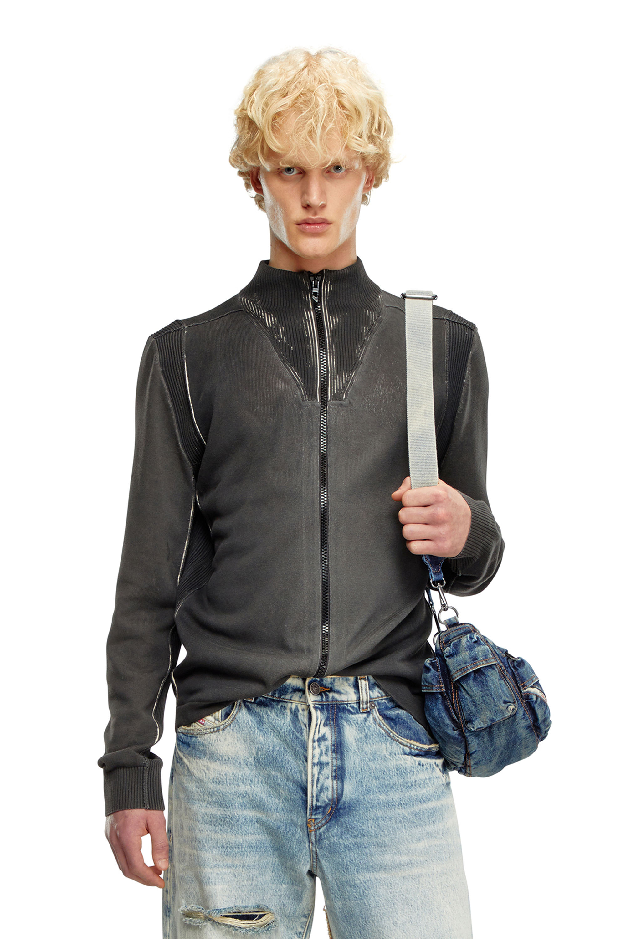 Diesel - K-DENIM-ZIP, Man's Zip cardigan in treated cotton in Black - 1