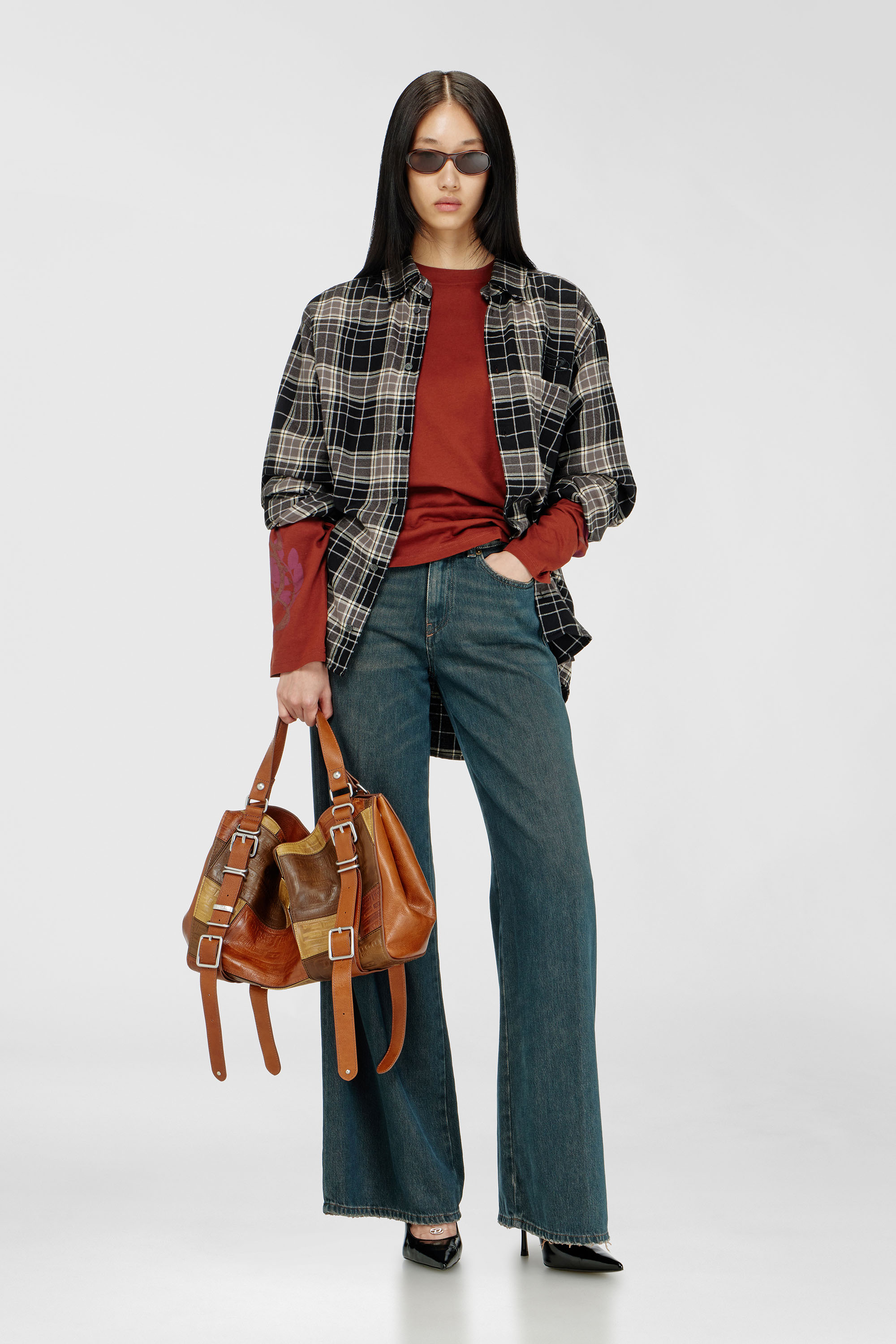 Diesel - D-ONE TOPHANDLE M, Unisex's D-One-Medium top-handle bag in patchwork leather in Brown - 2