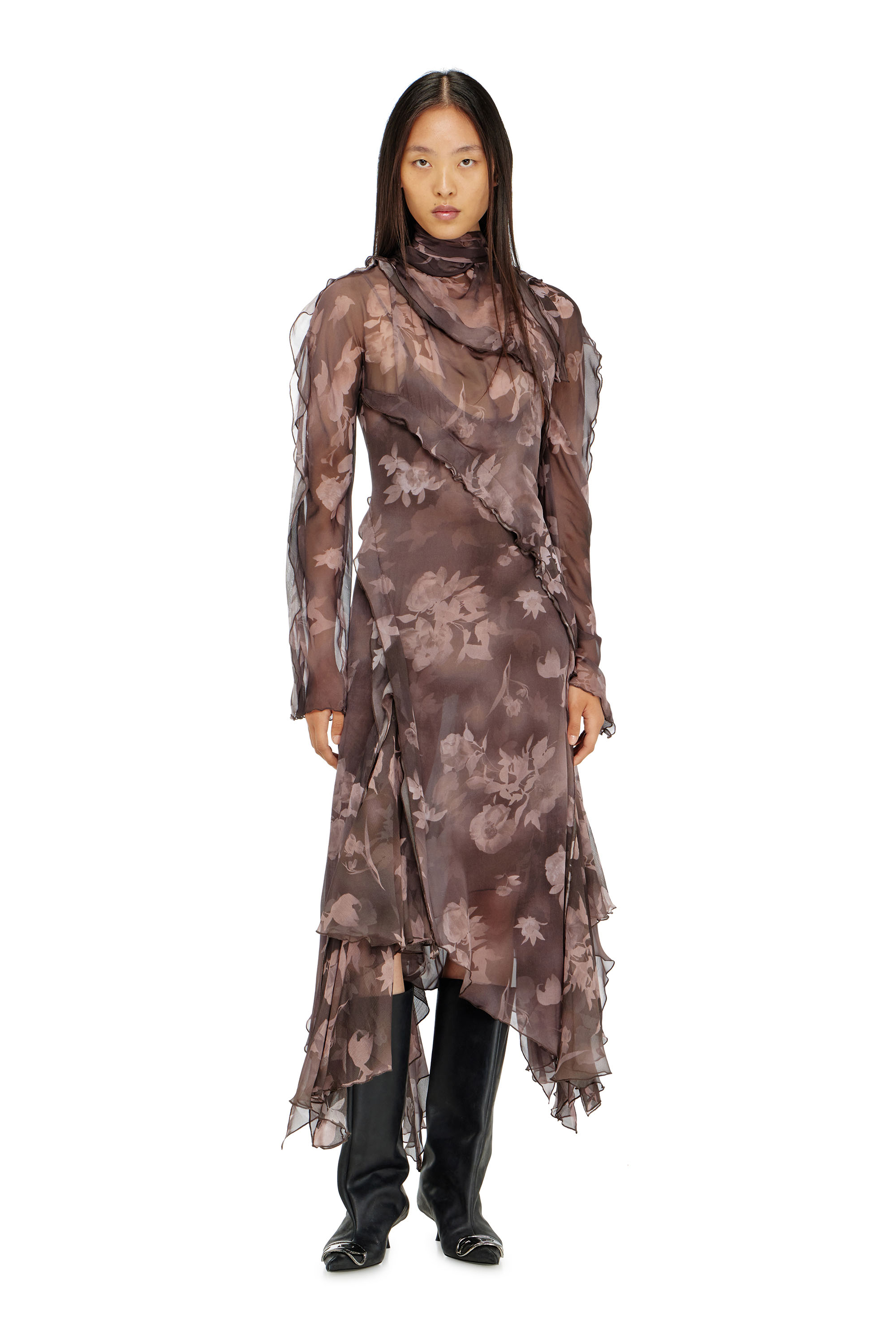 Diesel - D-RIADI, Woman's Asymmetric midi dress in chiffon and silk-crepe in Brown - 3