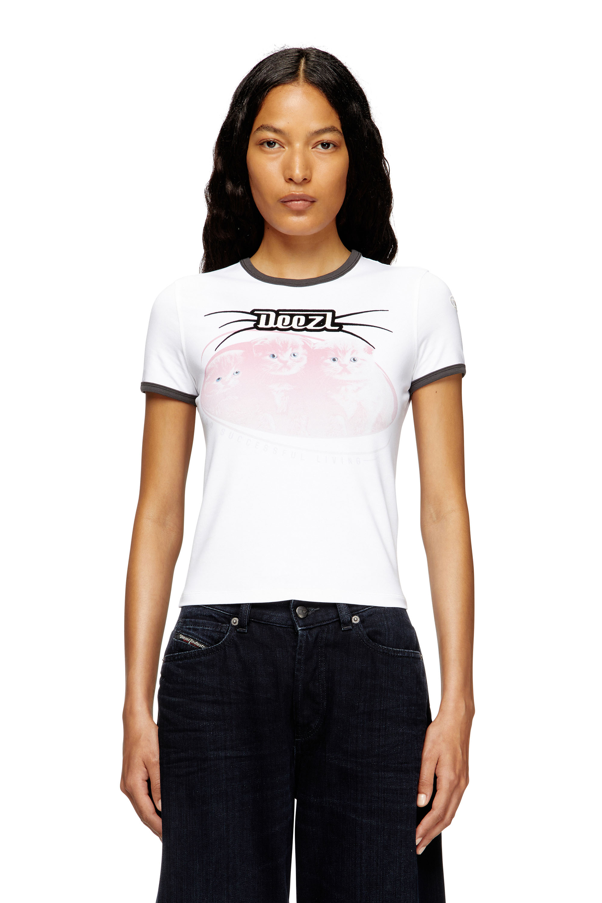 Diesel - T-UNCUTIES-LONG-R13, Woman's Cotton T-shirt with flock print in White - 3