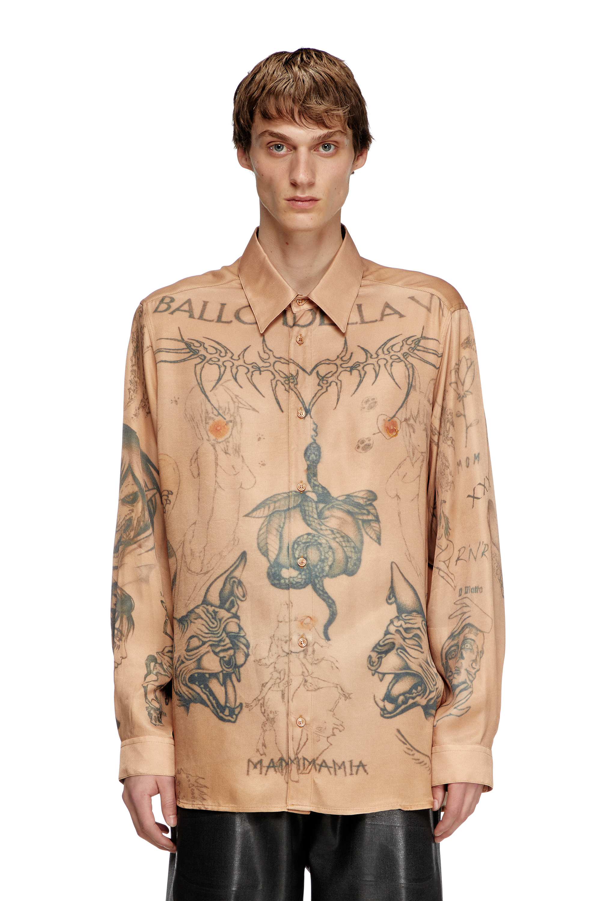 Diesel - S-SIMPLY-TTO-DD, Unisex's Fluid satin shirt with tattoo print in Beige - 4