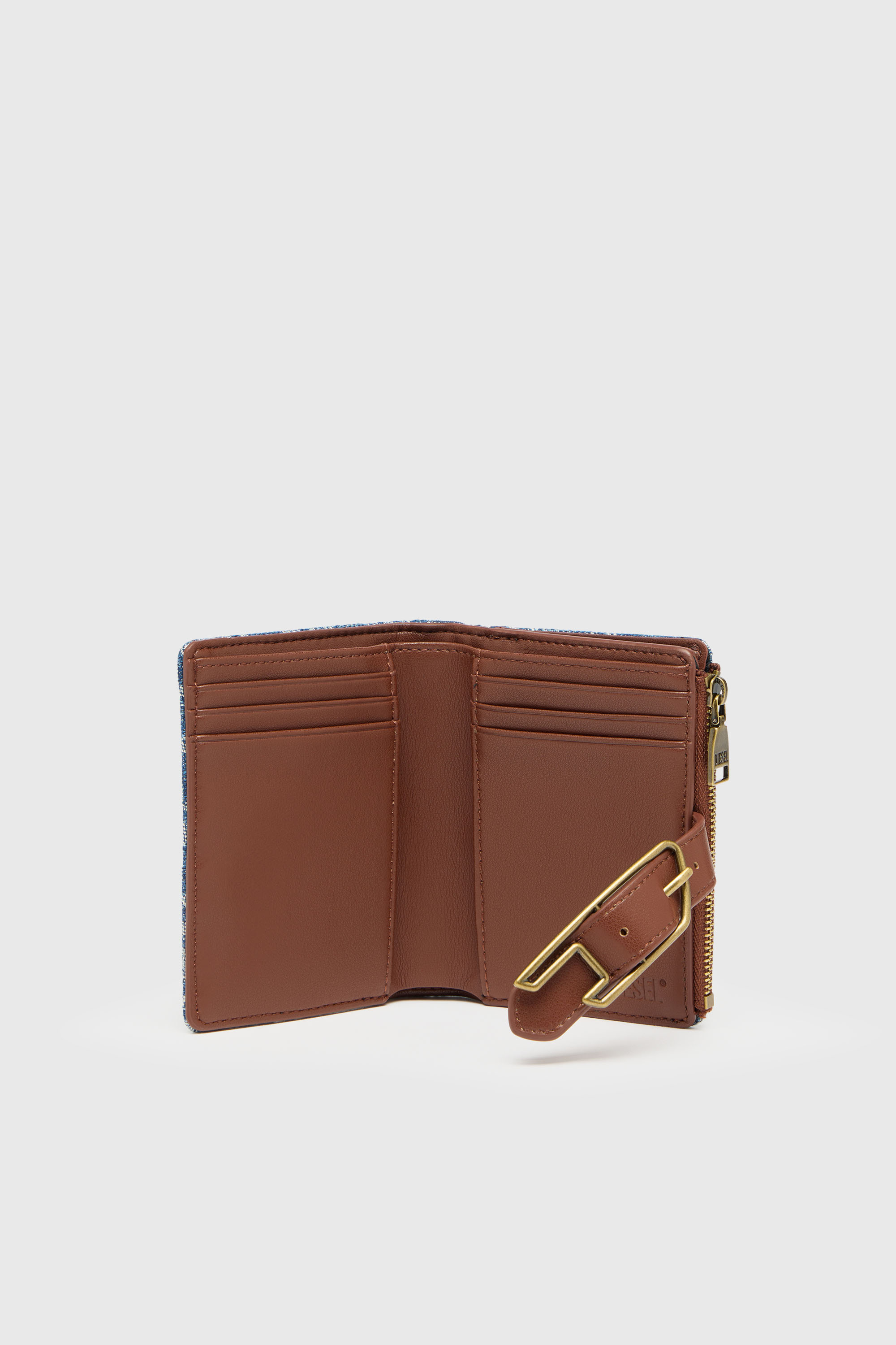 Diesel - D-LINE BI FOLD ZIP II, Woman's Bi-fold wallet in monogram denim with belt detail in Blue - 3