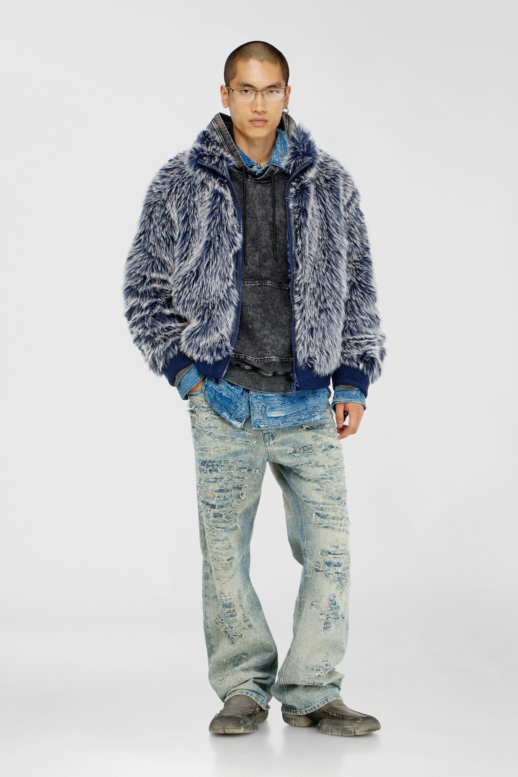 Diesel - W-VICTOR, Man's Shaggy winter jacket in Medium blue - 2
