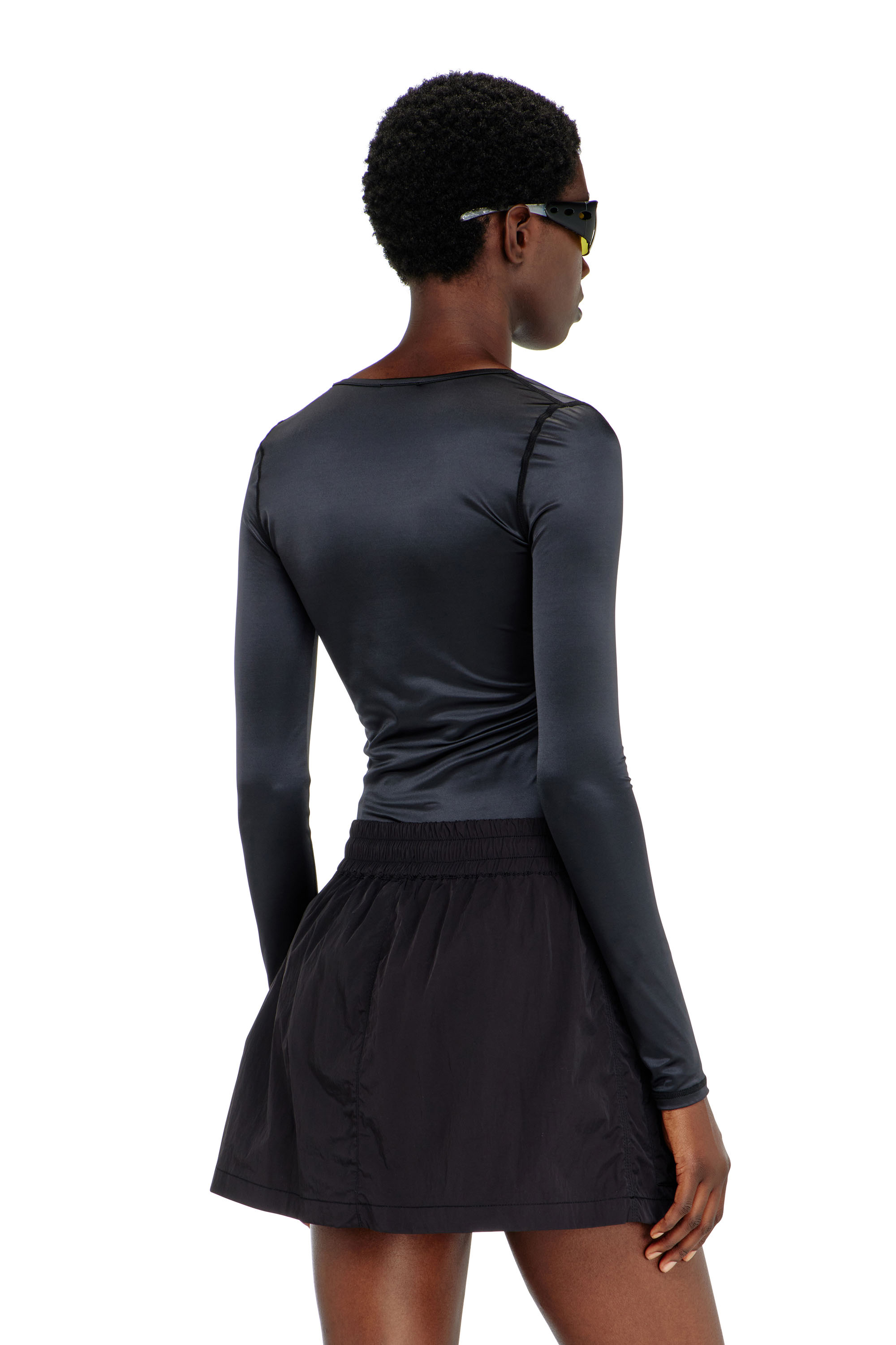 Diesel - T-ELPHIN-LS, Woman's Nylon slim top scoop neck with Logo Oval D embroidery in Black - 4