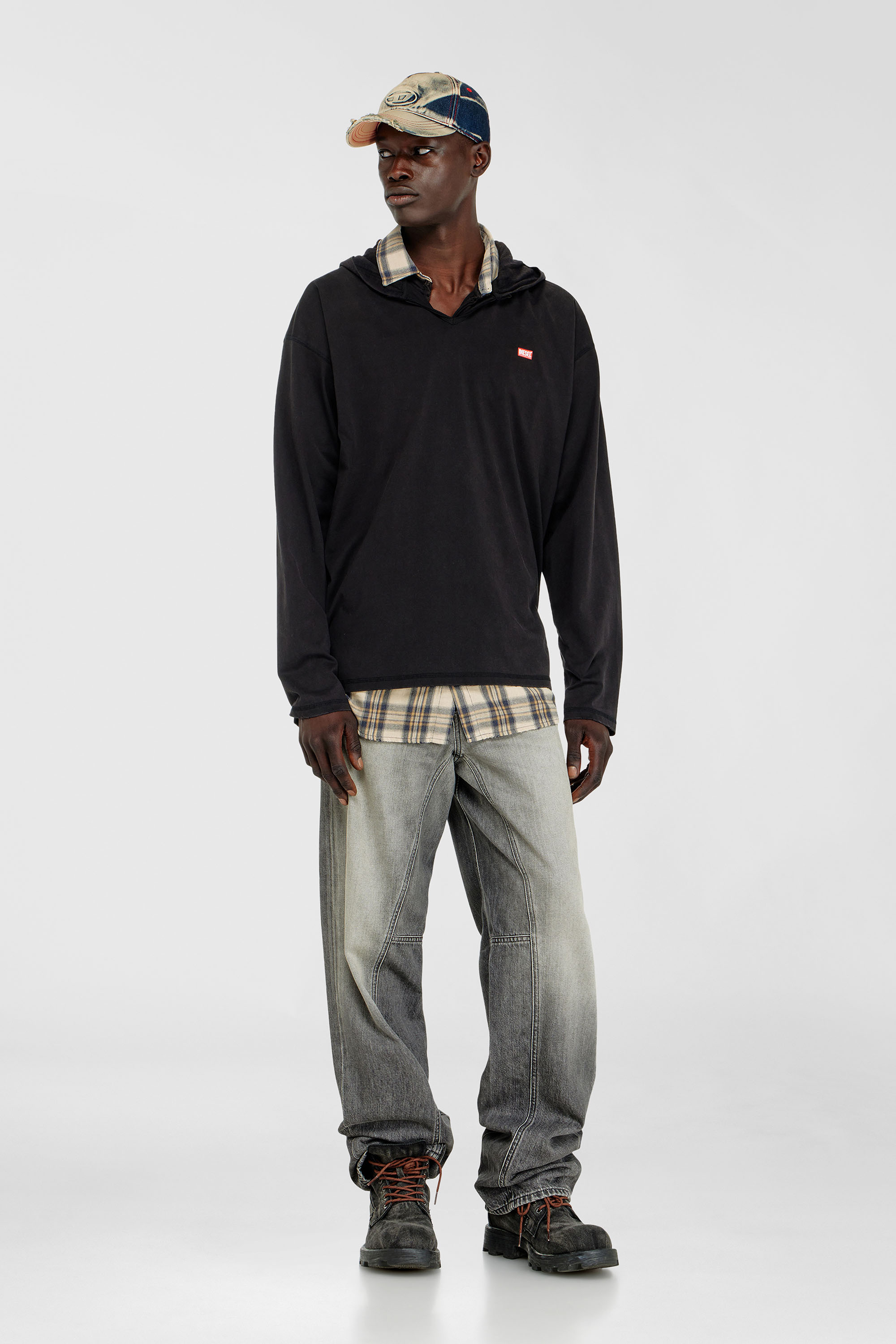 Diesel - T-BOXT-LS-HOOD-CHECK, Man's Long-sleeve T-shirt with flannel hood in Black - 2