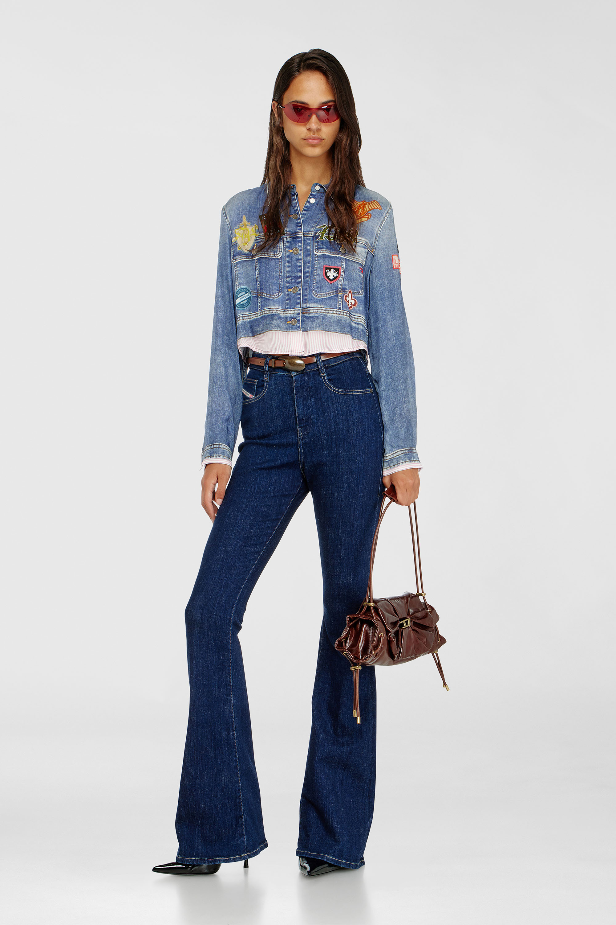 Diesel - C-LONE, Woman's Cropped satin shirt with trompe-l&rsquo;oeil denim print in Medium blue - 2
