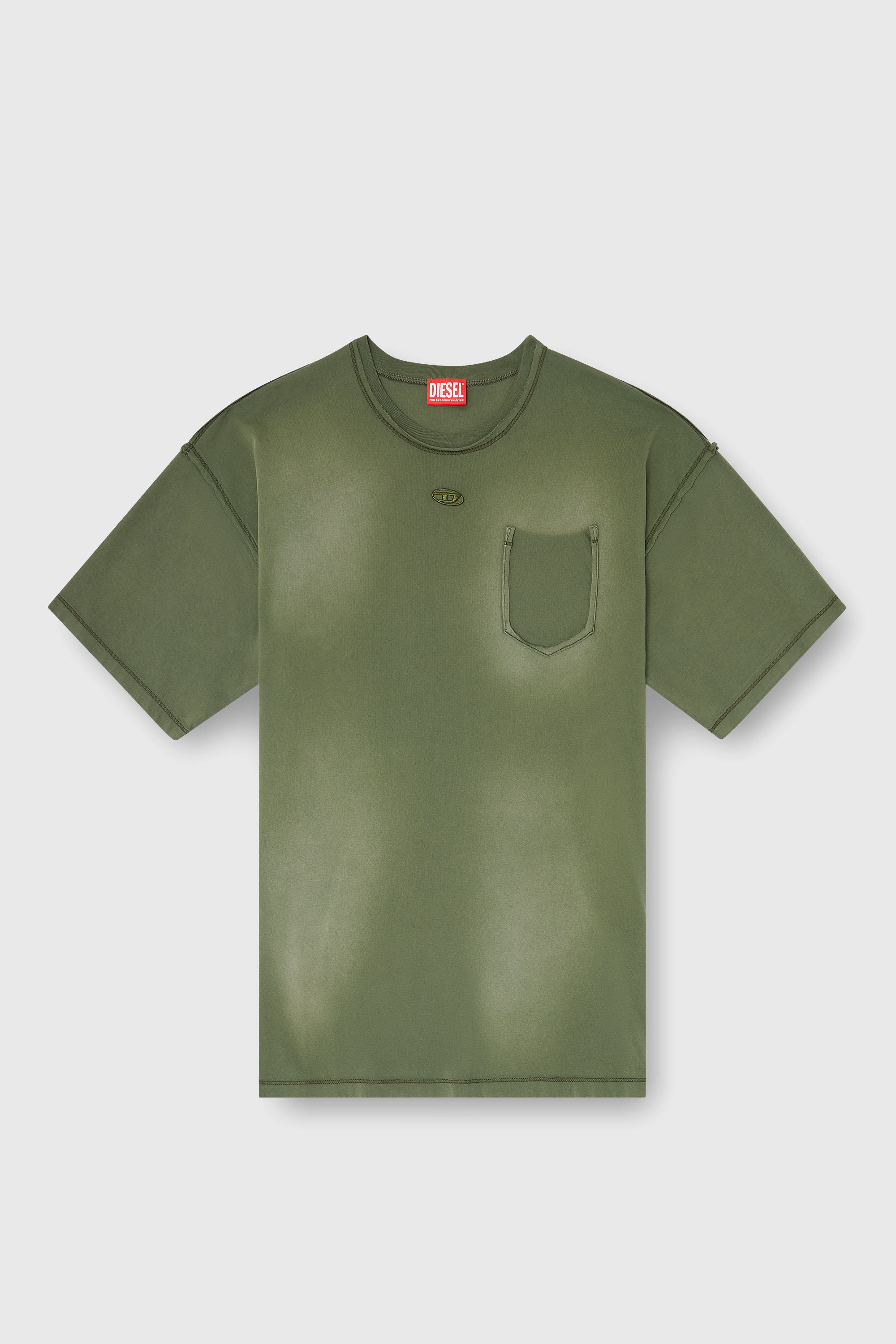 Diesel - T-POCK, Man's Faded T-shirt with ripped pocket detail in Military Green - 2