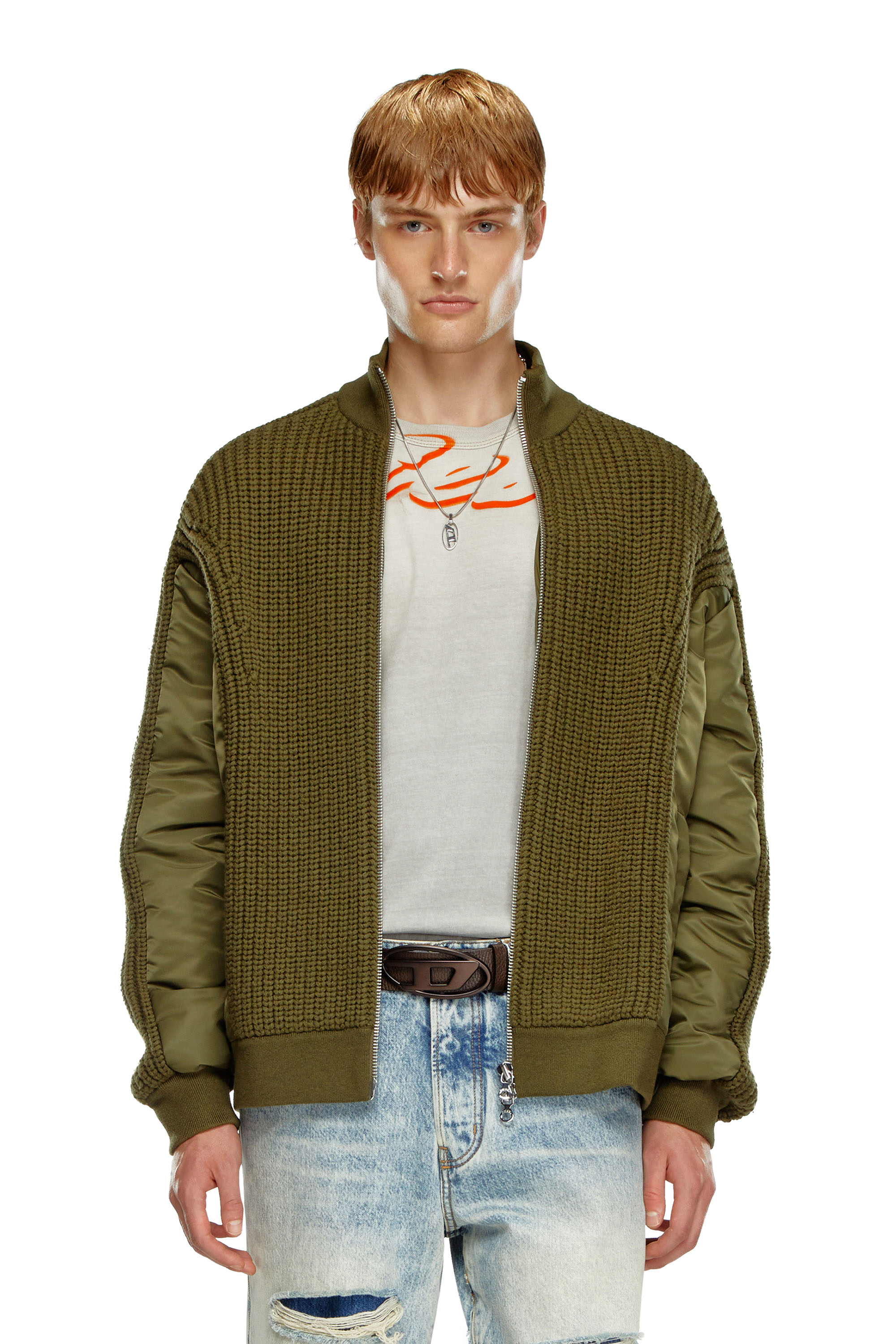 Diesel - K-ARRE, Man's Zip-up cardigan in wool and nylon in Military Green - 1