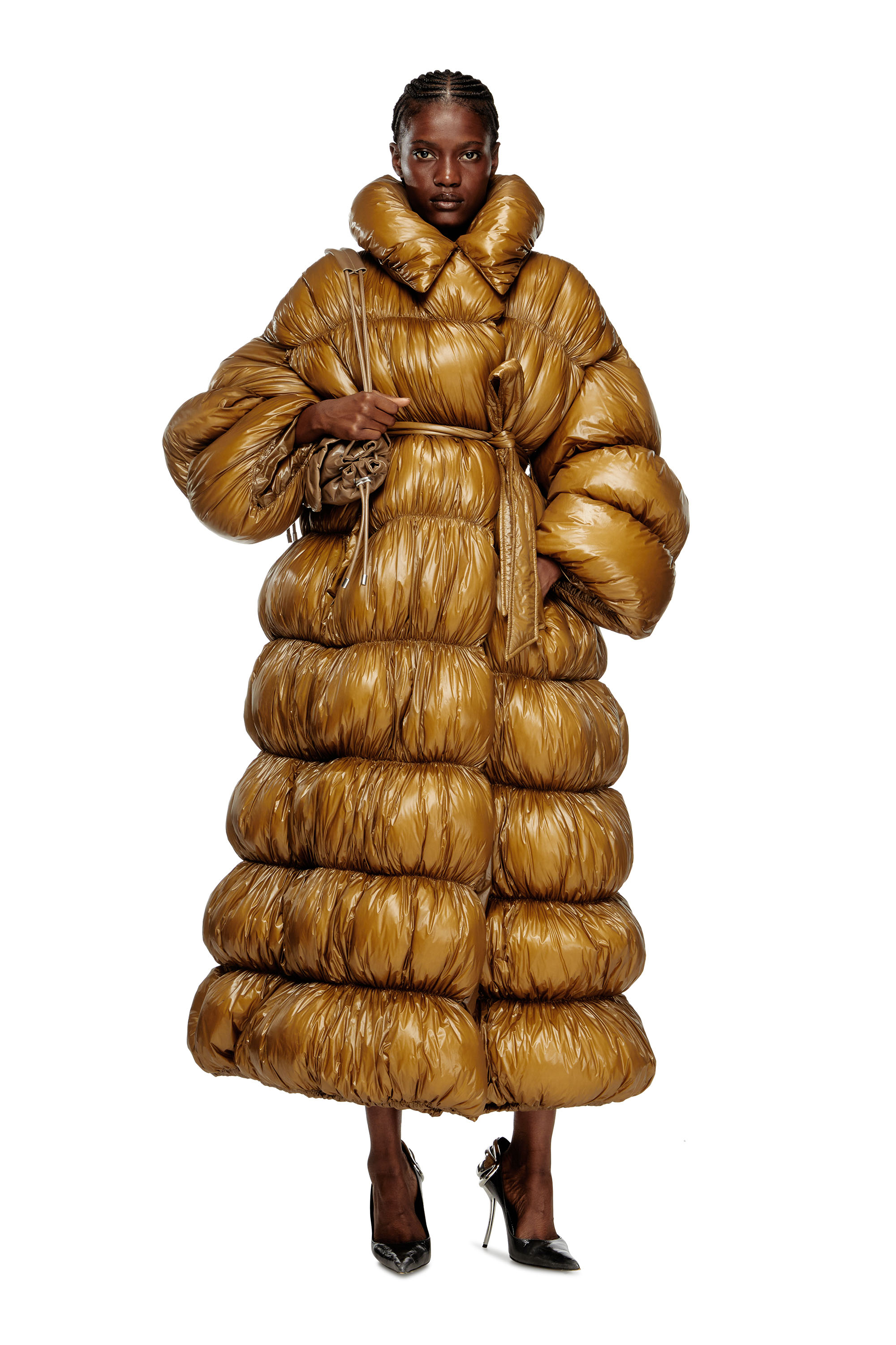 Diesel - W-INONA-LONG, Woman's Quilted down coat with belt in Brown - 1