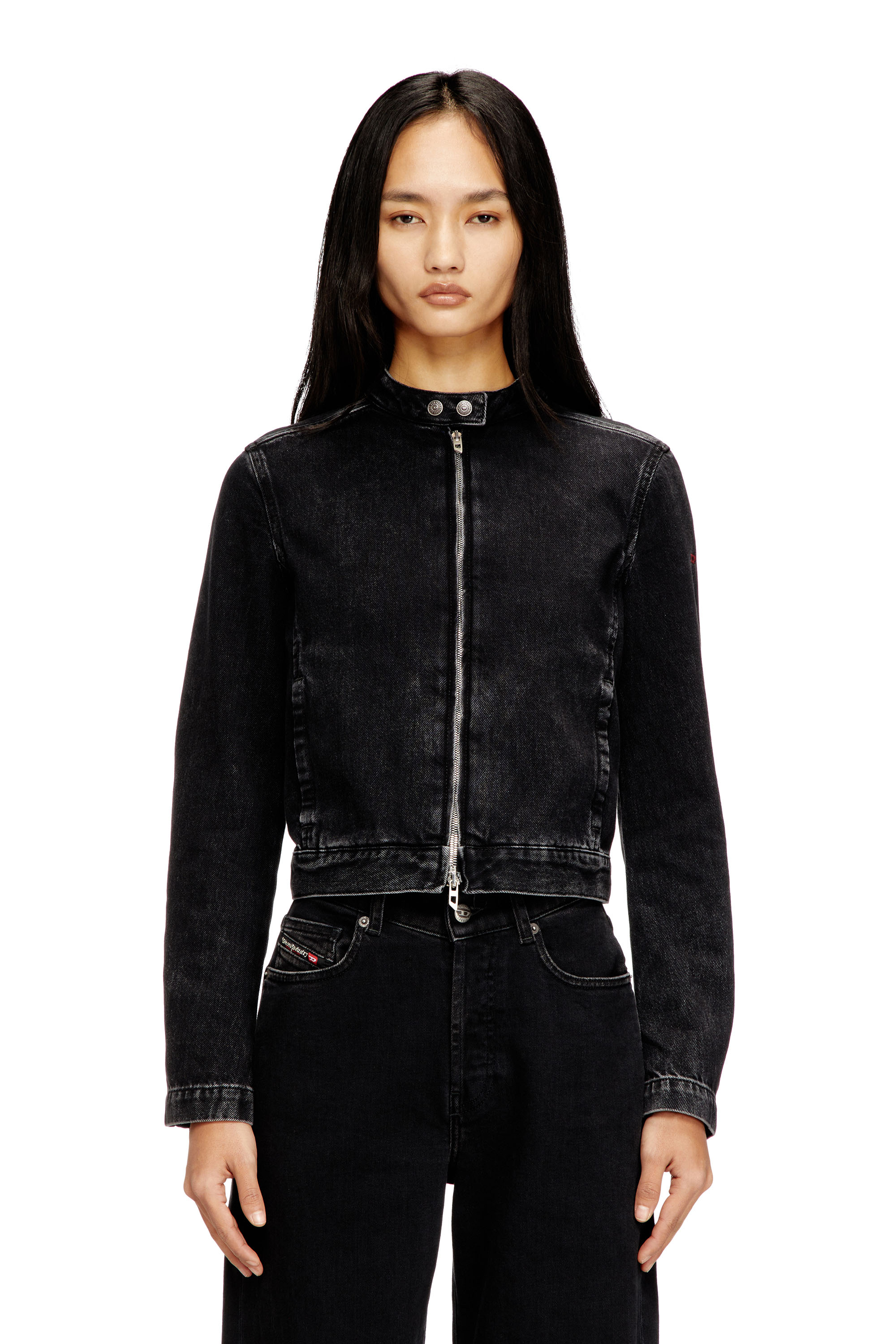 Diesel - DE-MORNIN, Woman's Moto jacket in denim in clean-wash denim in Black - 1