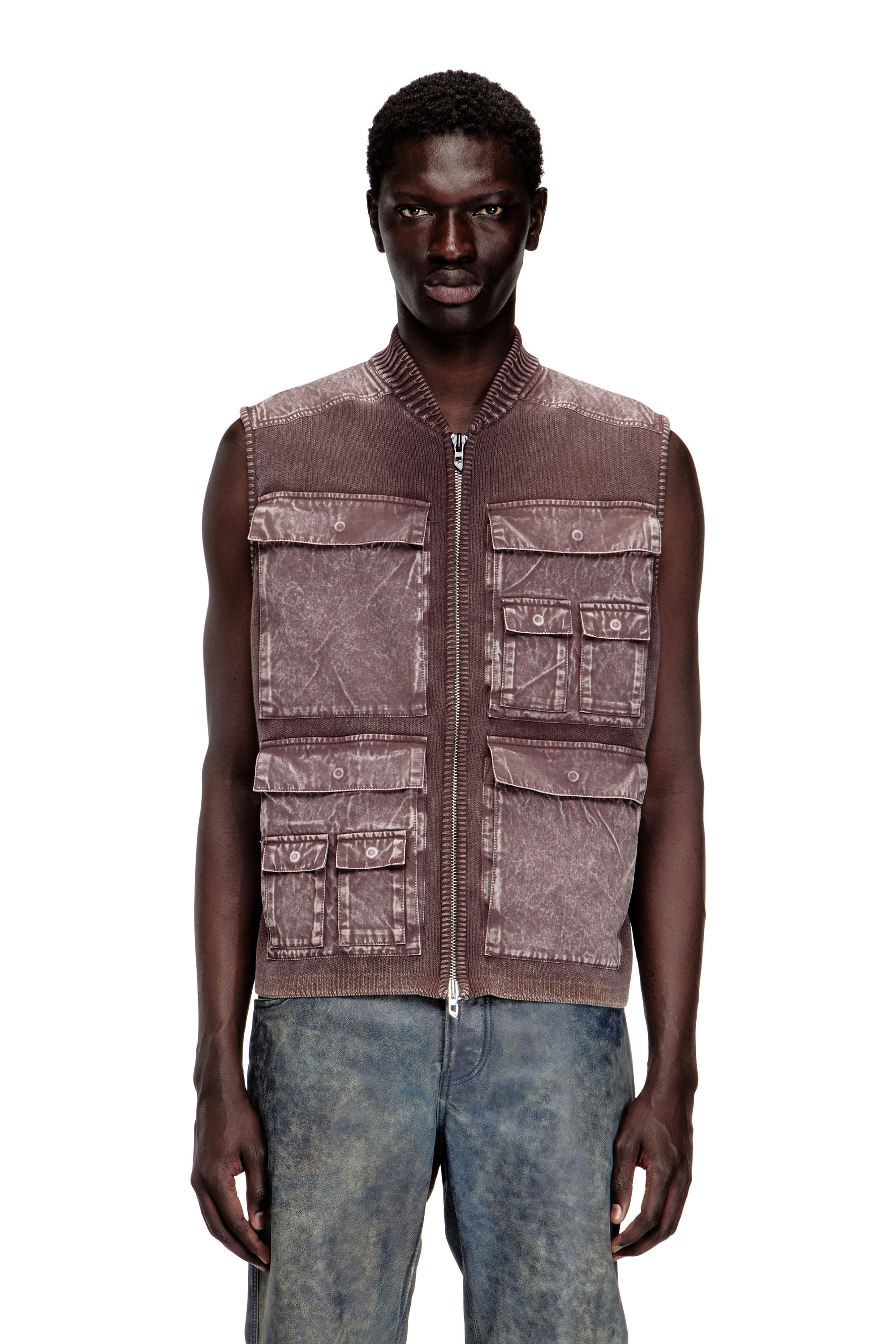Diesel - K-GIULIUS, Man's Zip-up knitted vest with cargo pockets in Brown - 1