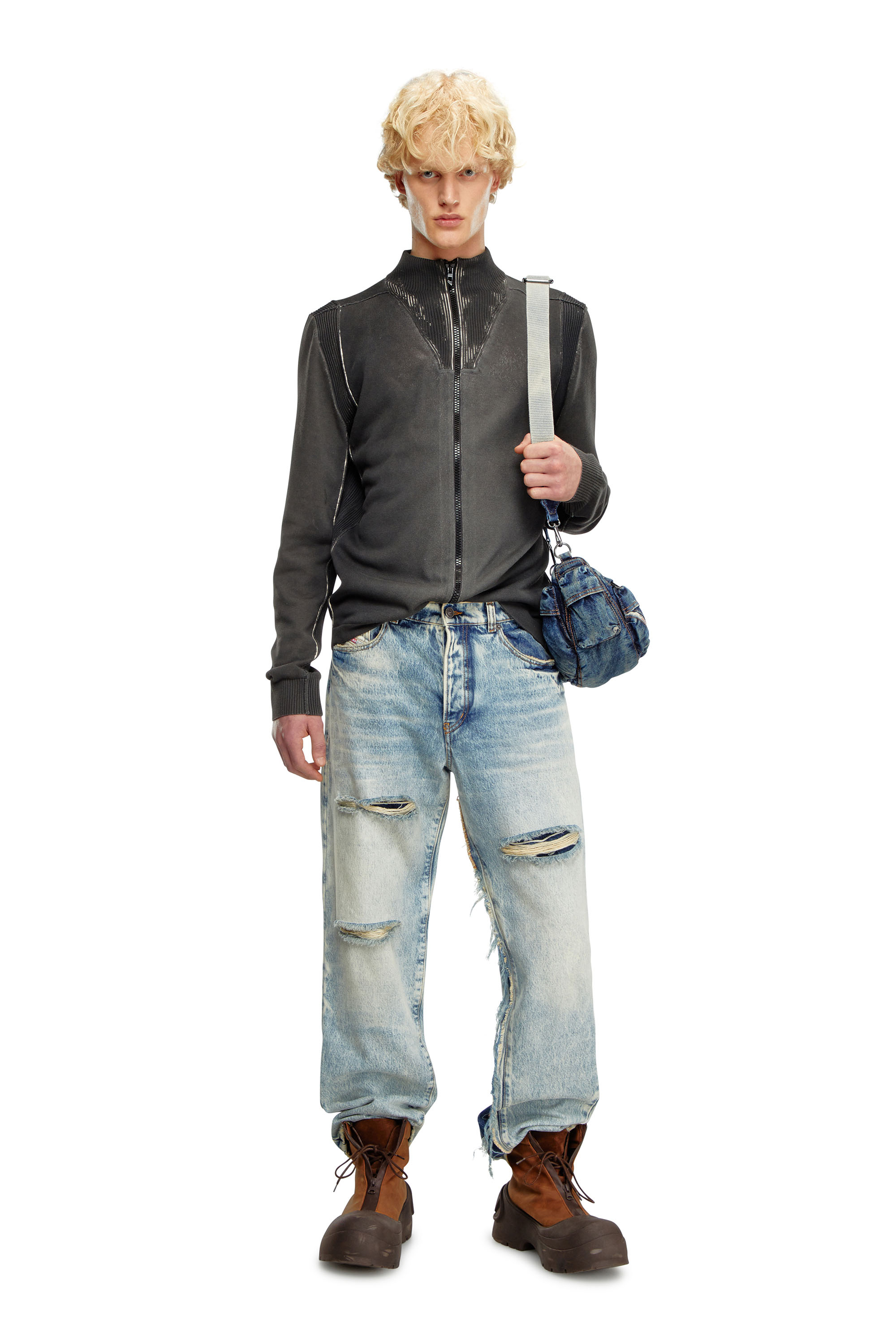 Diesel - K-DENIM-ZIP, Man's Zip cardigan in treated cotton in Black - 2