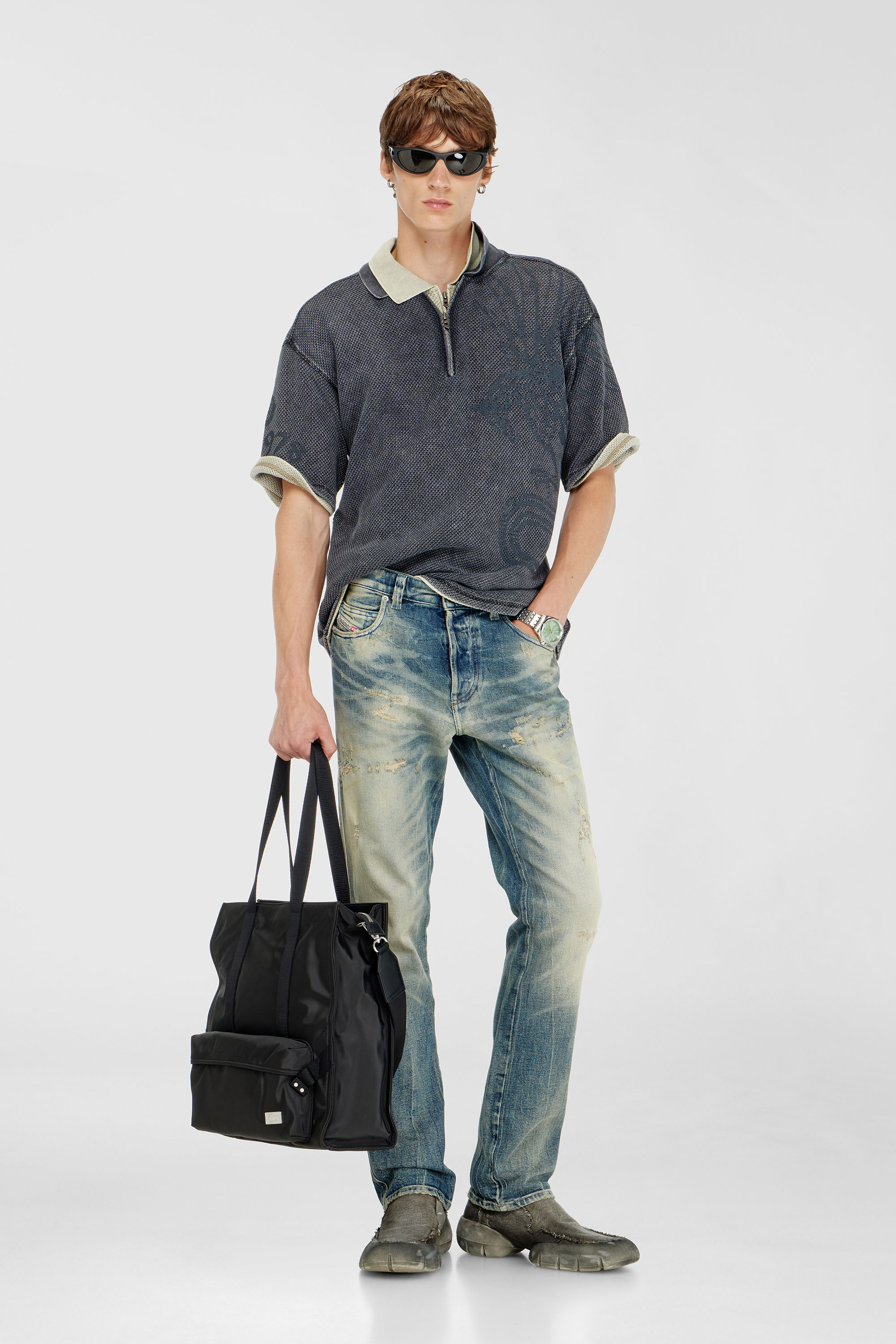Diesel - T-ERRY-ZIP, Man's Mesh-jacquard polo shirt with Phoenix print in Dark grey - 2