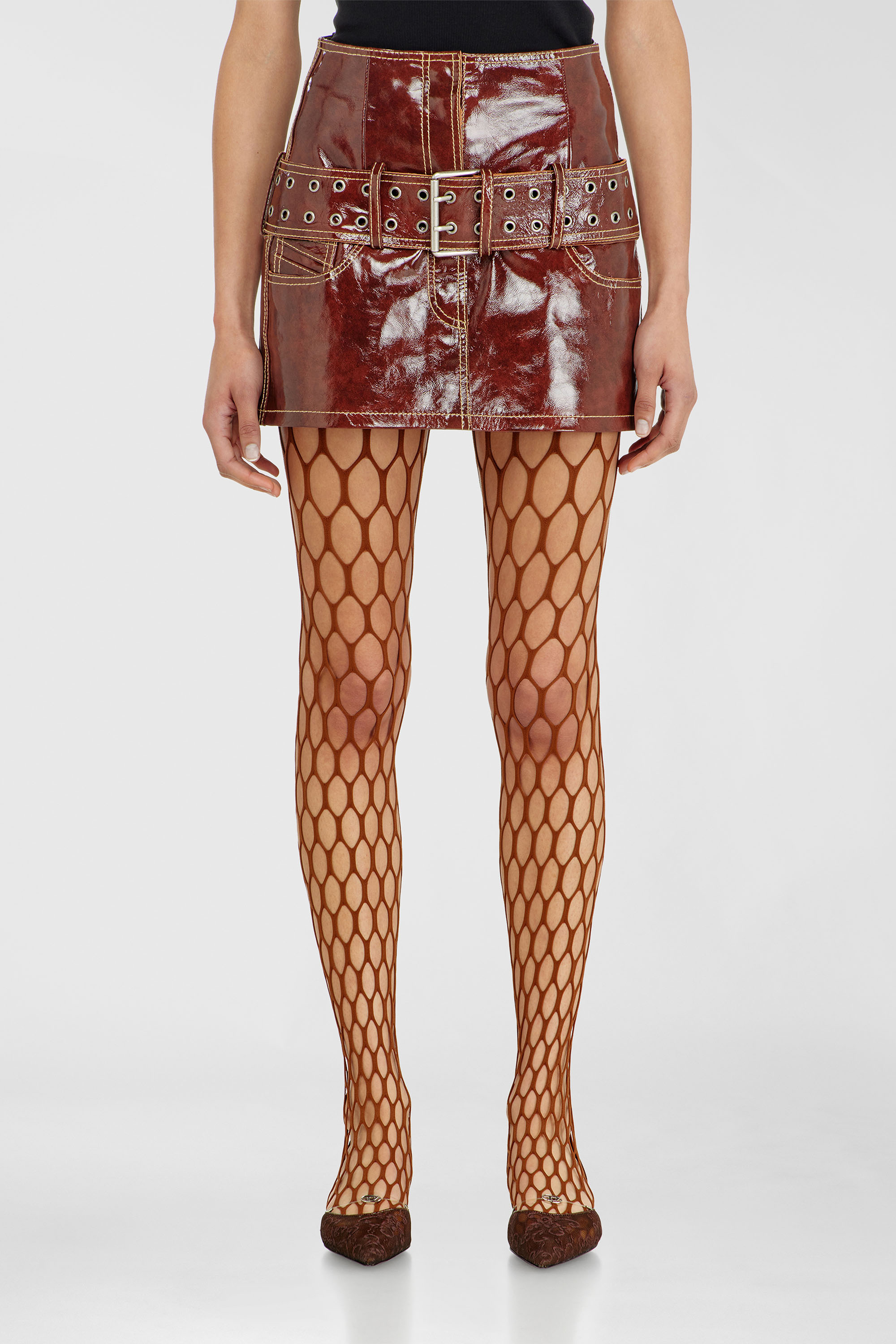 Diesel - L-EVANT, Woman's Patent-leather miniskirt with belt in Brown - 1