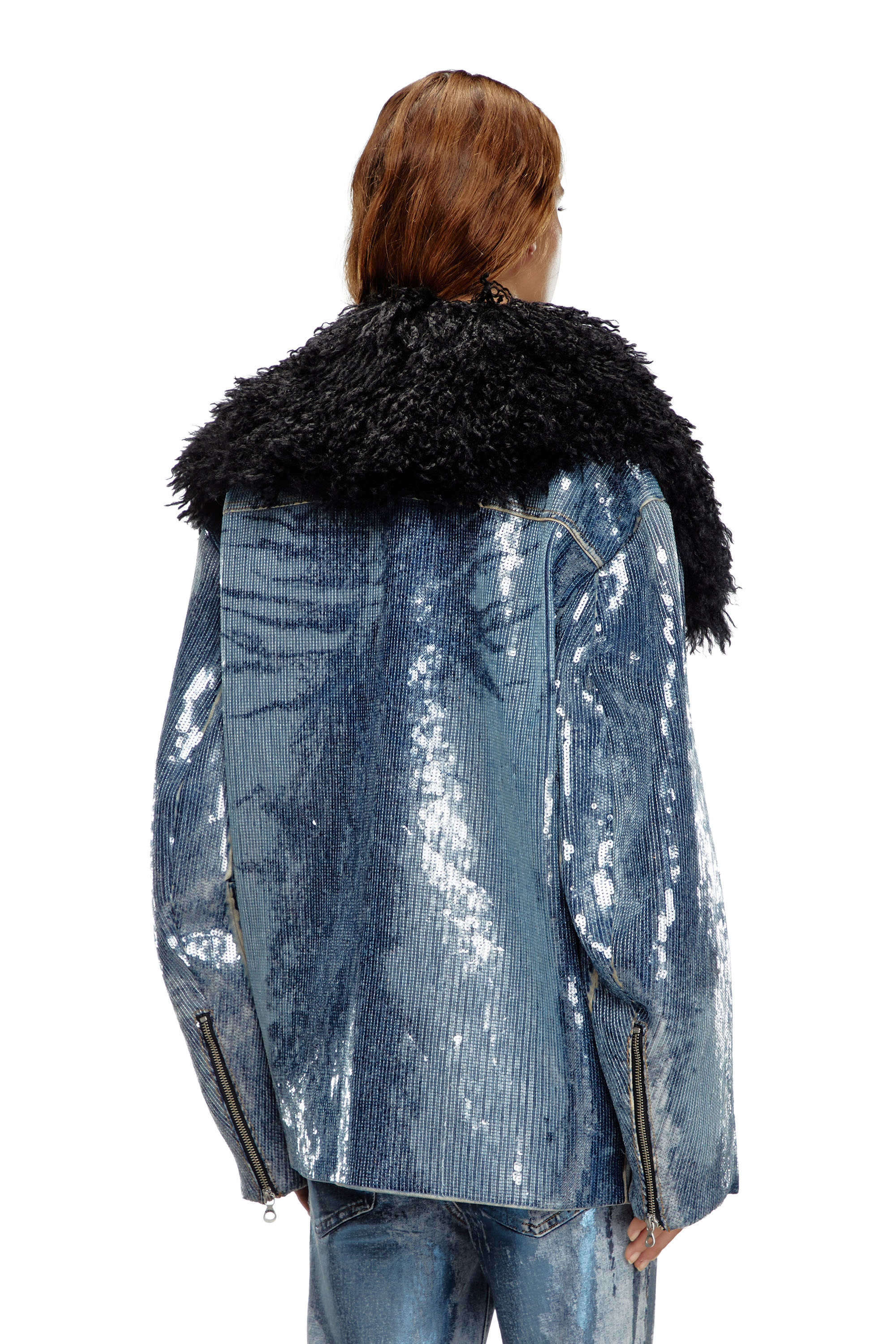 Diesel - DE-BIKA-S, Woman's Sequin denim jacket with shaggy collar in Medium blue - 4