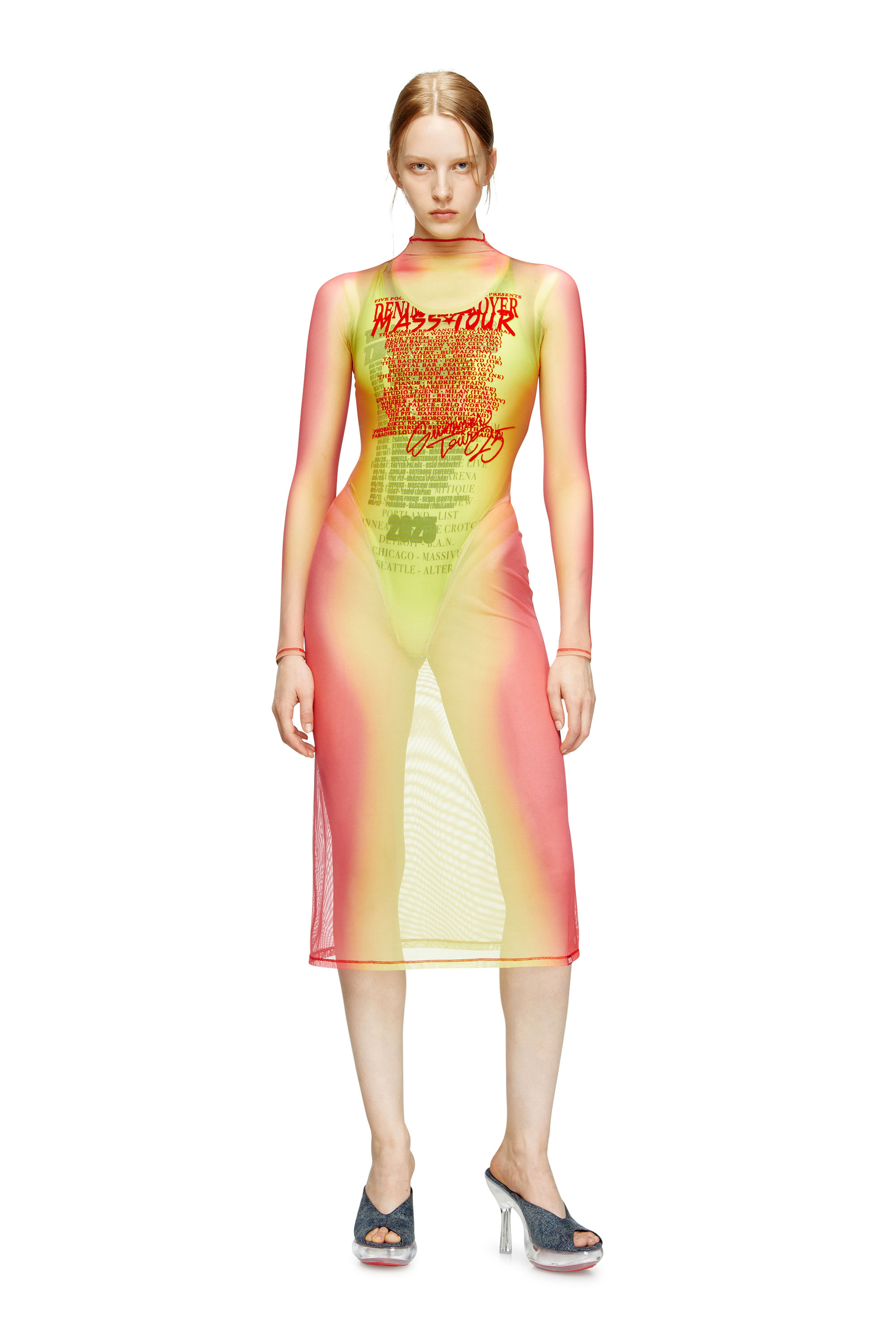 Diesel - D-AFNIC, Woman's Layered midi dress with lyrics print in Pink/Green - 3