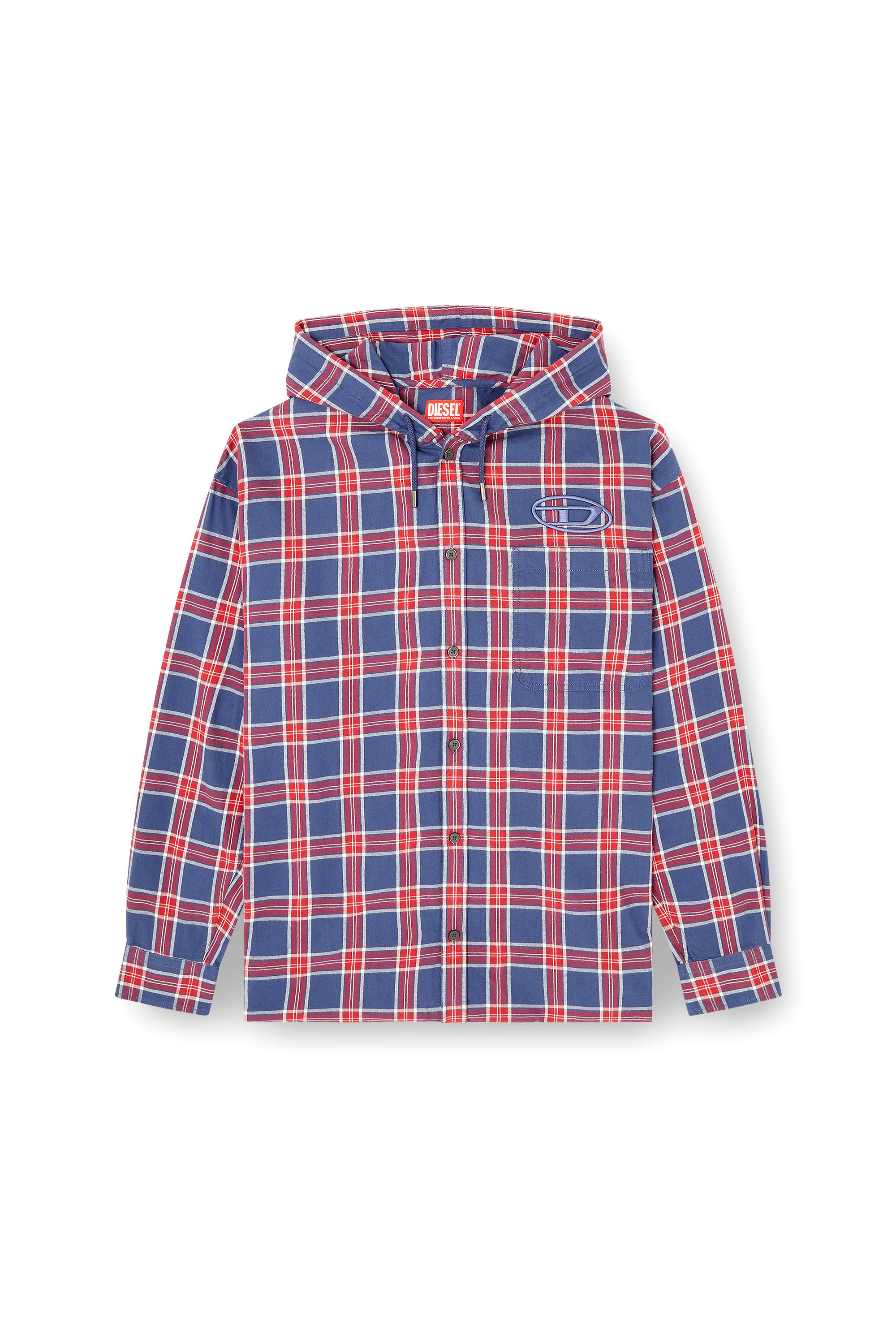 Diesel - S-DEWNY-HOOD-AJFI, Man's Cotton hooded shirt with 3D embroidery in Blue/Red - 2