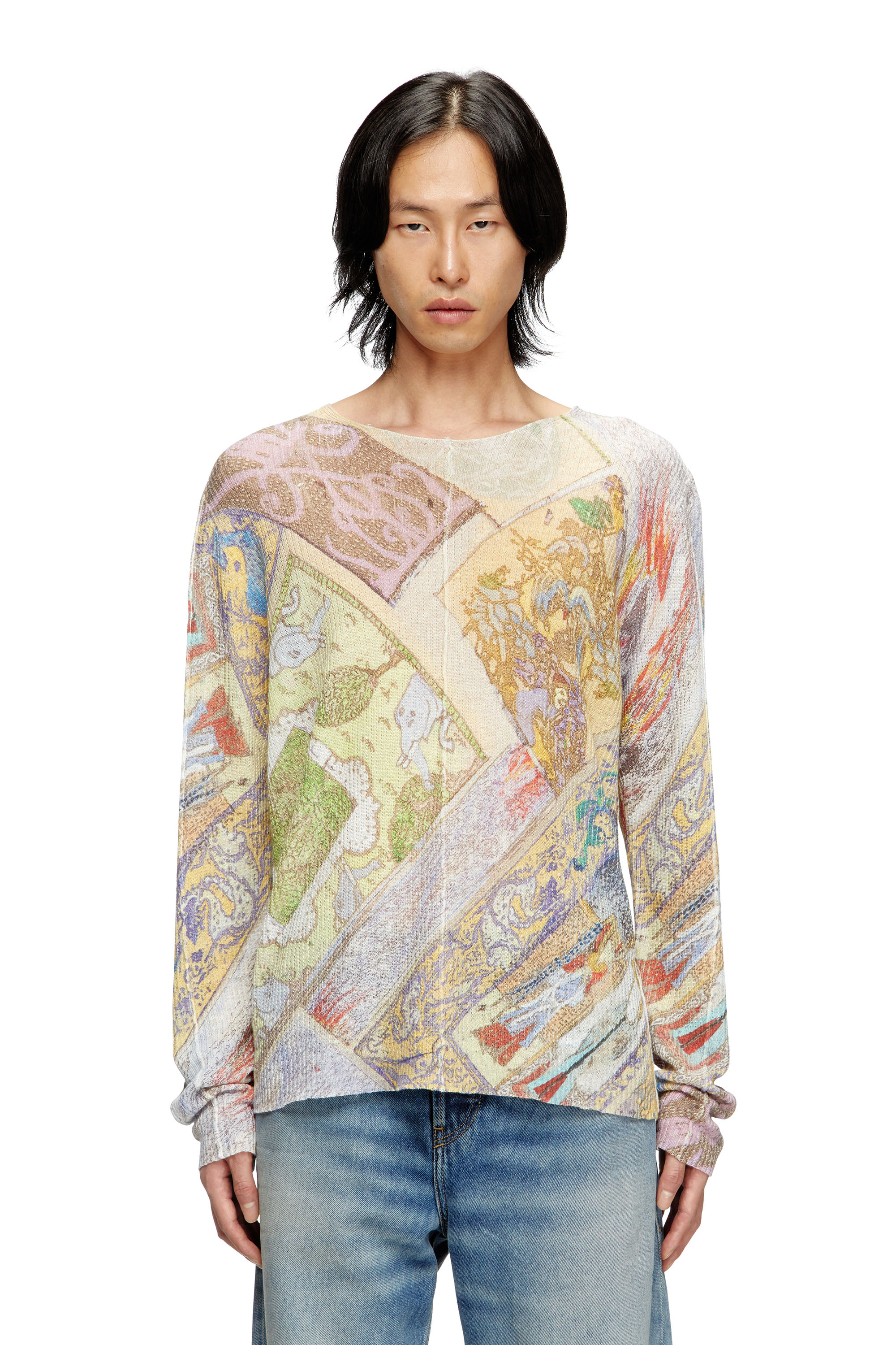 Diesel - K-RENTON, Man's Linen jumper with medieval print in Beige/Yellow - 1