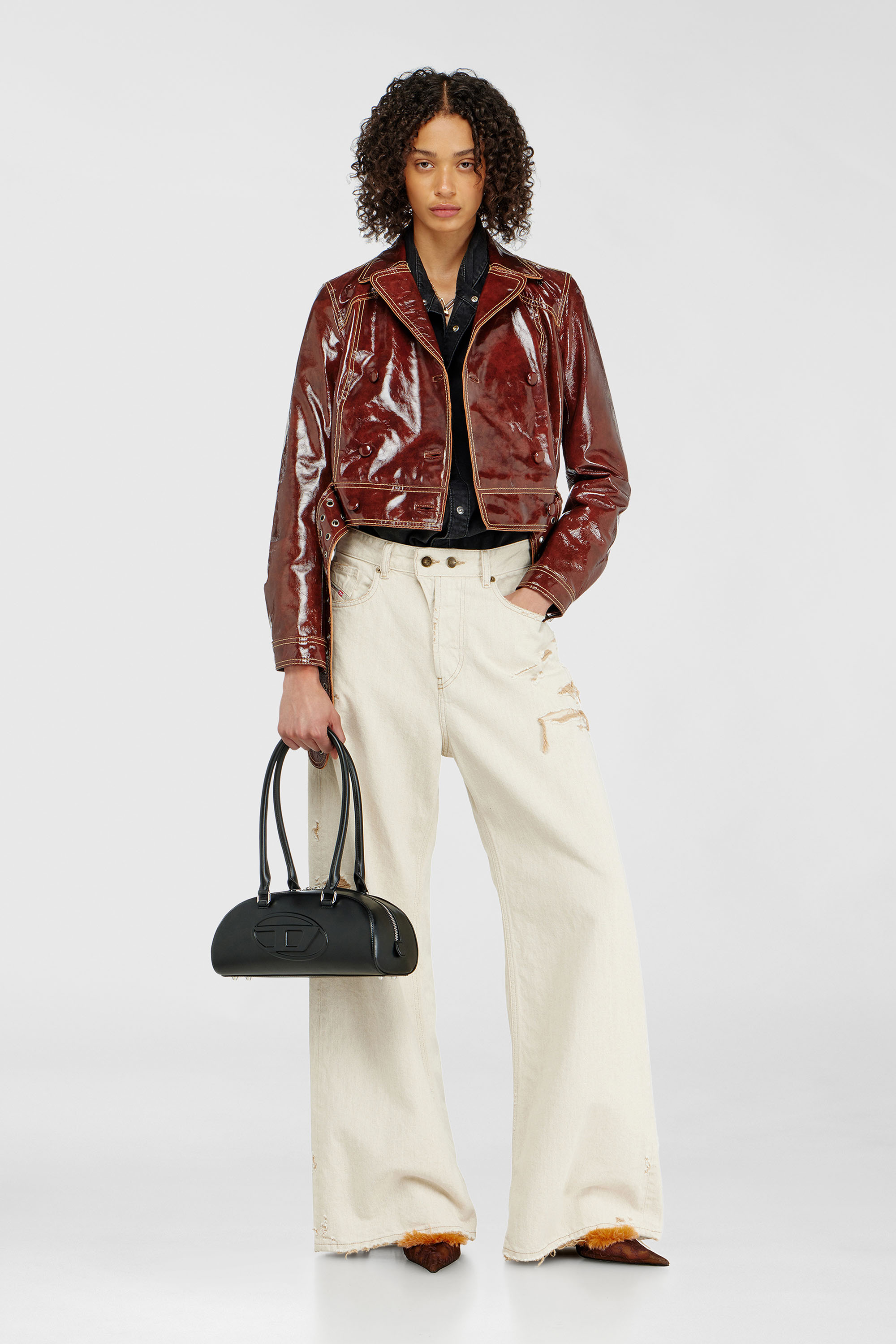 Diesel - L-EGEND, Woman's Patent-leather jacket with large belt in Brown - 2