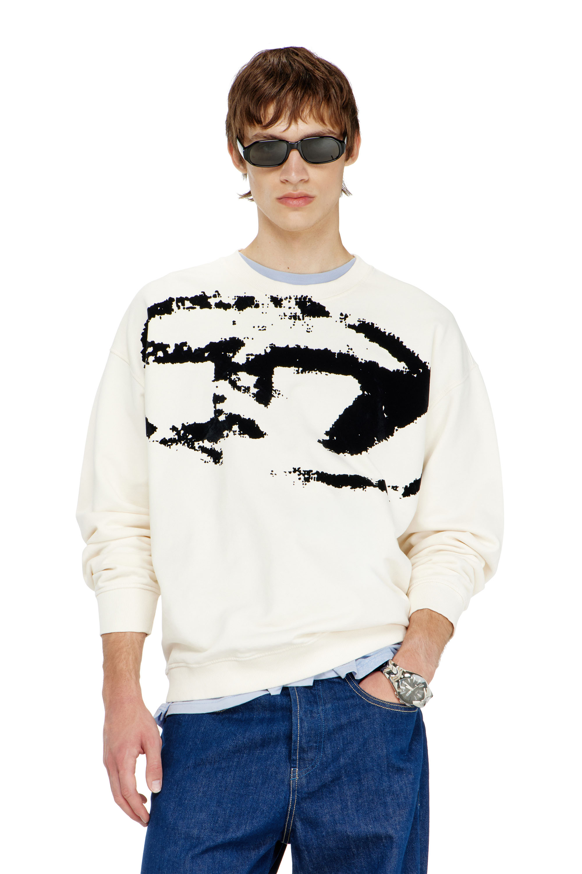 Diesel - S-BOXT-N5, Man's Cotton sweatshirt with flocked Oval D in Black/White - 1