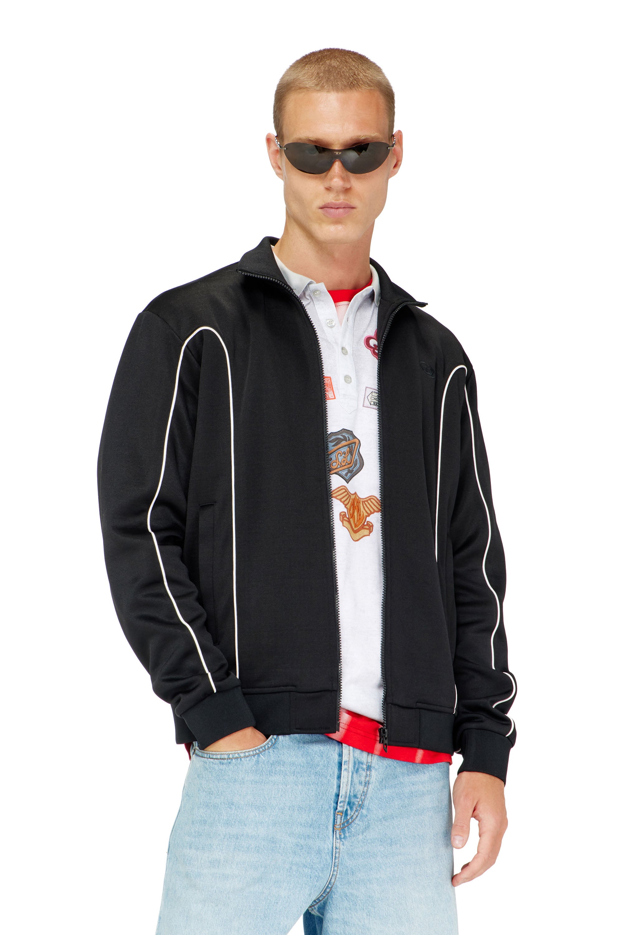 Diesel - S-LOCKING-DO, Man's Sweat fabric track jacket with contrast piping in Black - 1